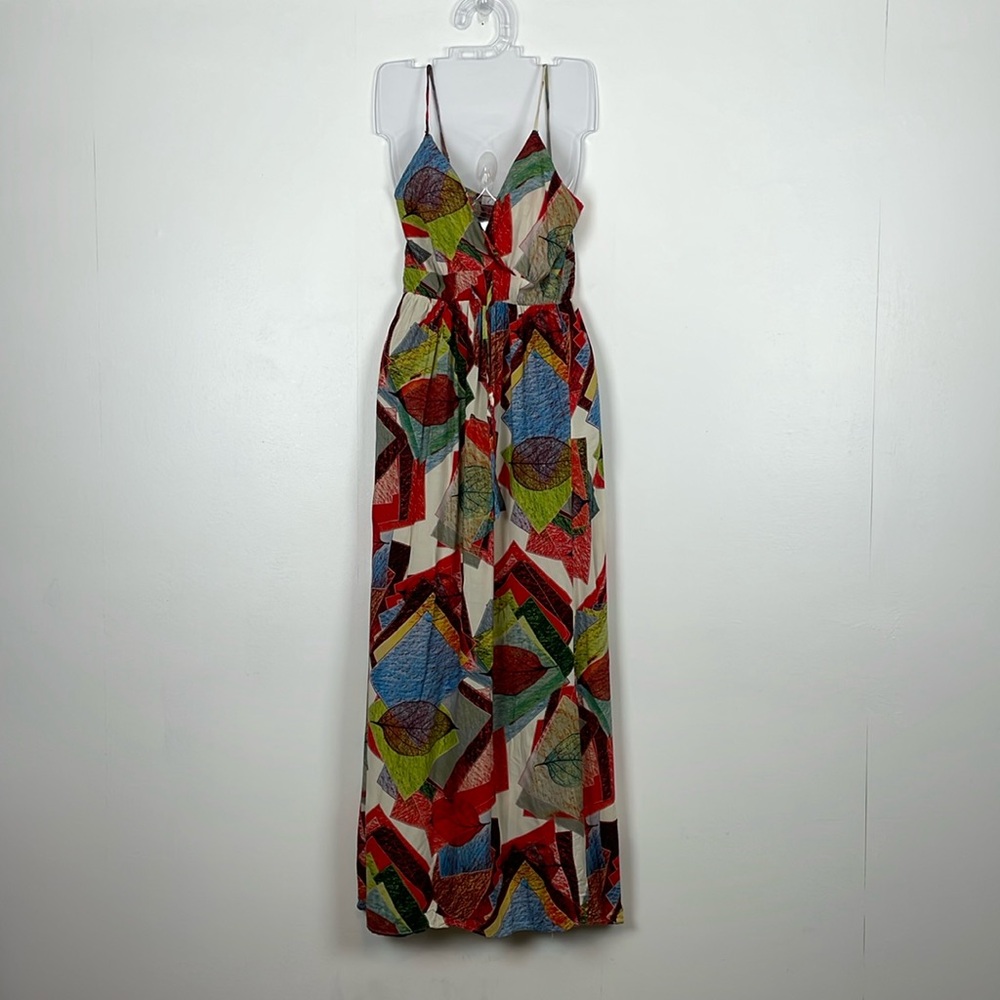 Elisa Maxi Dress Leaf Print Womens S/M V Neck Drawstring Bodice Lightweight Pant
